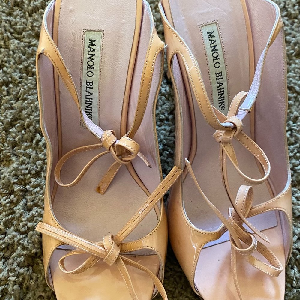 Manolo Blahnik Patent Leather Bow-Tie Sandal Stilettos